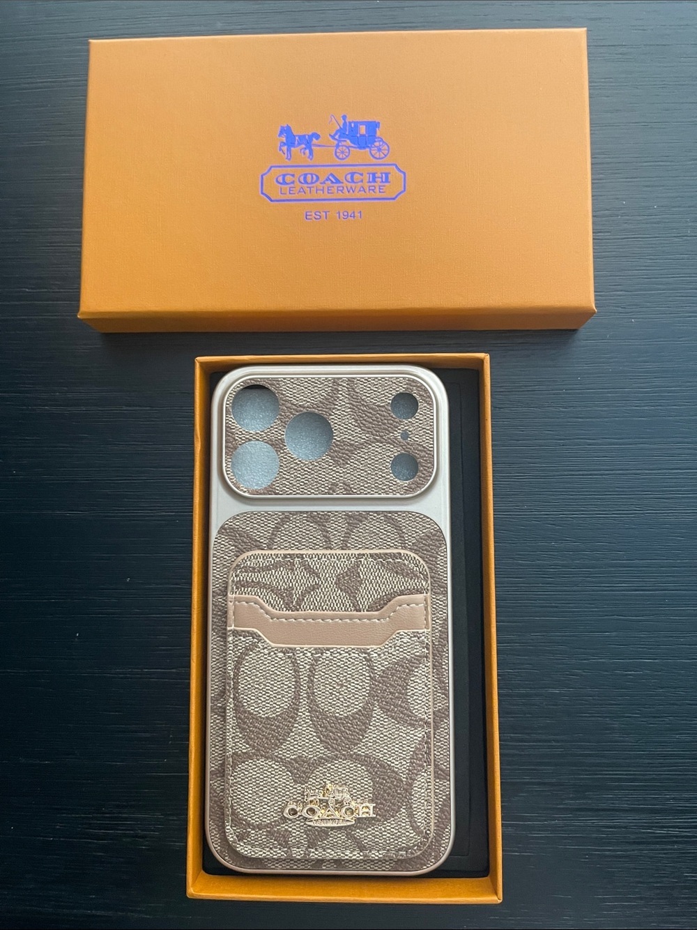 iPhone 17 Pro Max Coach Brown and Tan Signature Canvas Phone Card Case